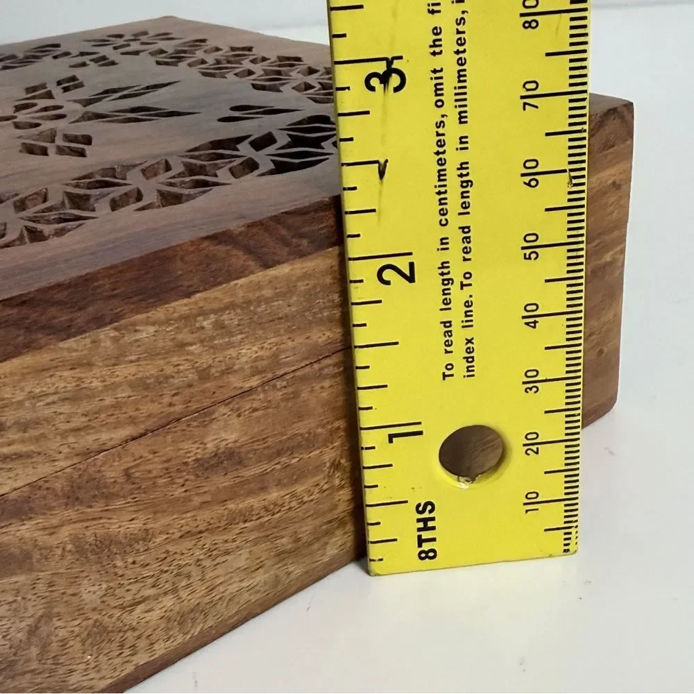 Vintage Carved Mango Wood Hinged Lid Box 6x6
